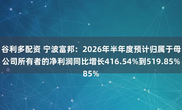 谷利多配资 宁波富邦：2026年半年度预计归属于母公司所有者的净利润同比增长416.54%到519.85%